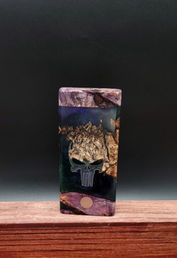 This image portrays ☠Flaming Skull Dynavap Case/Stash-Spalted Maple Burl Hybrid☠ by Dovetail Woodwork.