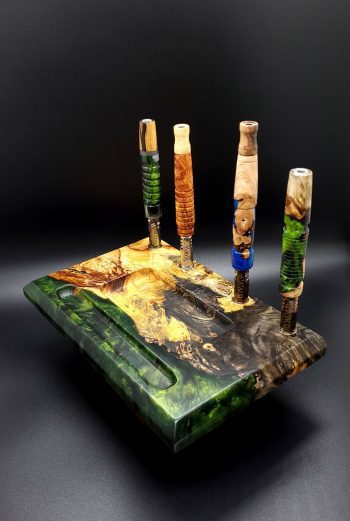 This image portrays Dynavap Stand & Sorting Tray/Stem Stand-Buckeye Burl Hybrid by Dovetail Woodwork.