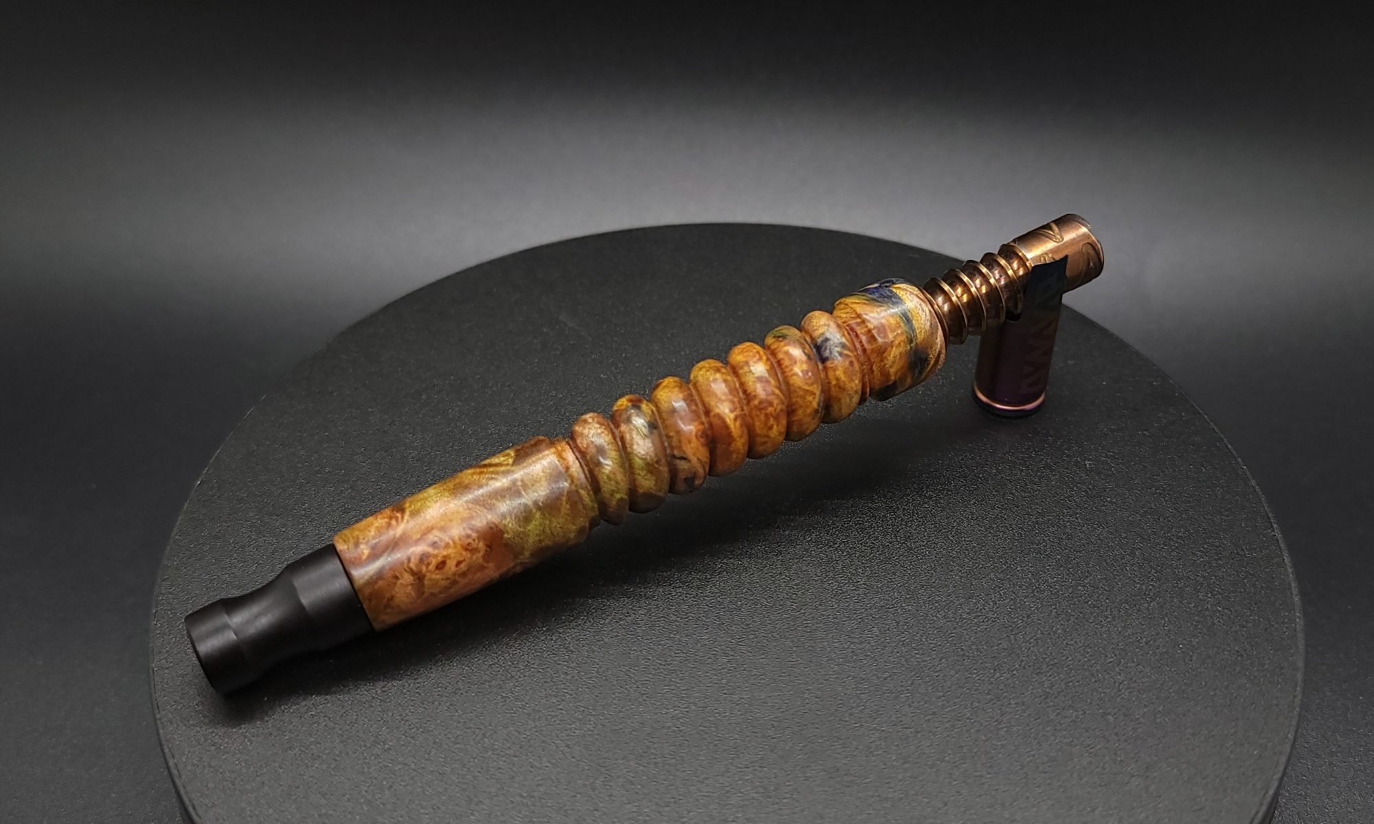 This image portrays Twisted Stems Series-Maple Burl-XL Dynavap Stem by Dovetail Woodwork.