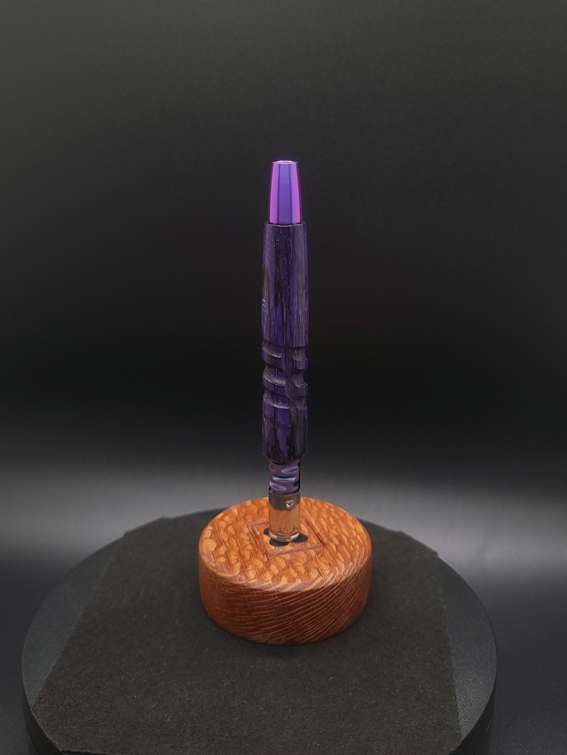 This image portrays The Downward Spiral XL-Purple Spalted Tamarind-Dynavap Stem-NEW! by Dovetail Woodwork.