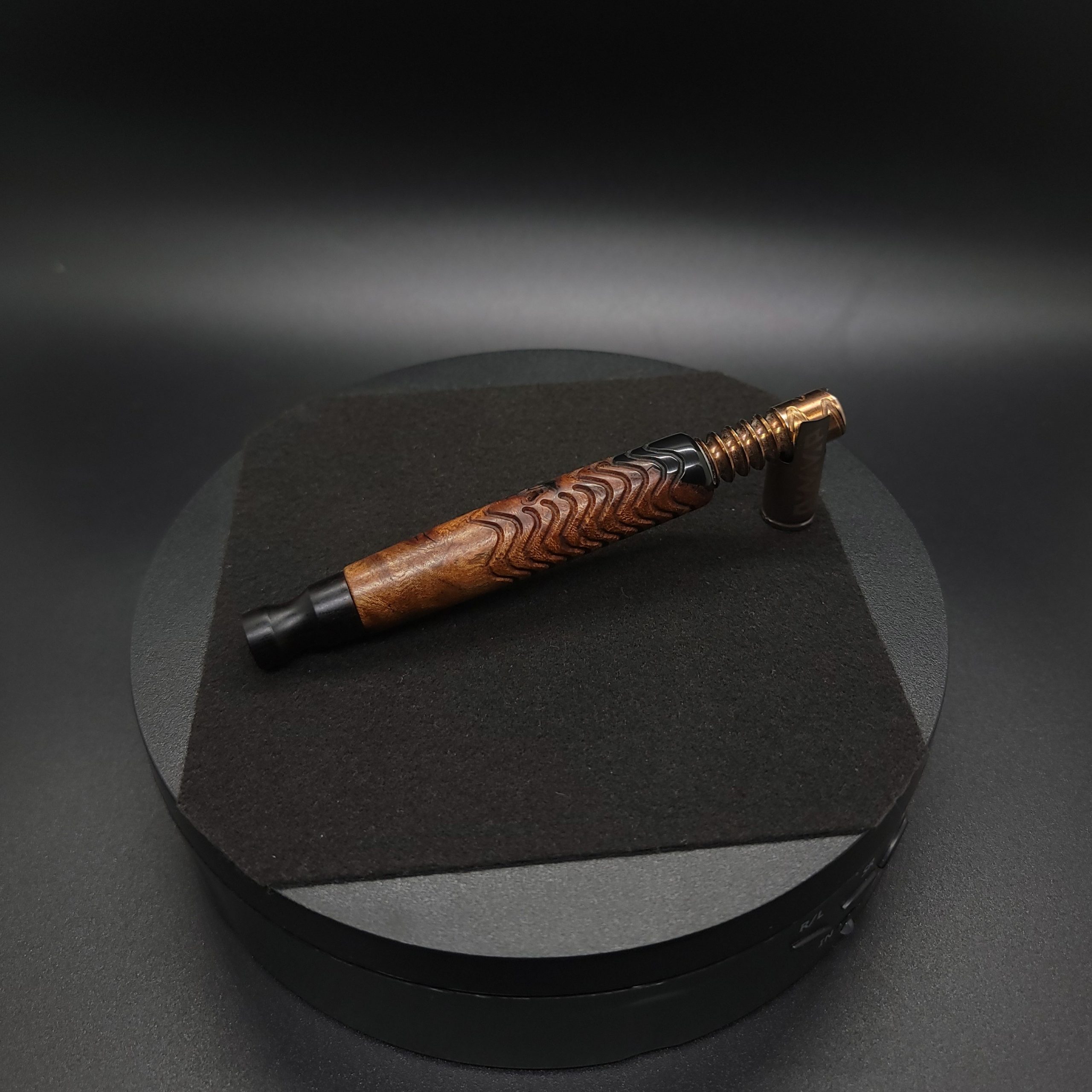 This image portrays Twisted Stems Series-Skeleton Dynavap Stem with Mouthpiece & XL Condenser by Dovetail Woodwork.