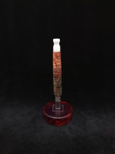 This image portrays Red, White & Burl-Knurled XL Dynavap Stem/Elm Burl + Matte White(Luminescent) M.P. by Dovetail Woodwork.