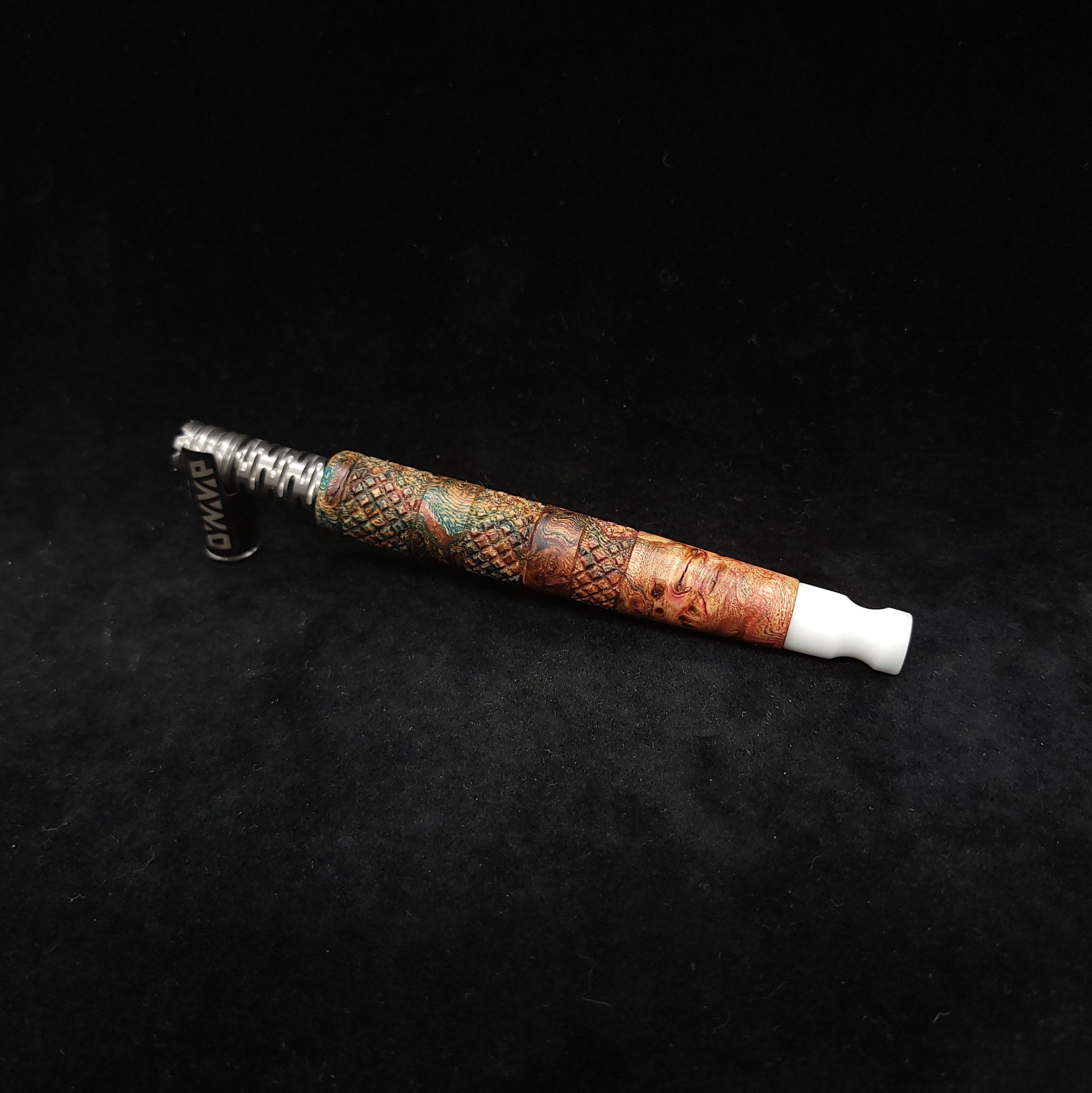This image portrays Red, White & Burl-Knurled XL Dynavap Stem/Elm Burl + Matte White(Luminescent) M.P. by Dovetail Woodwork.