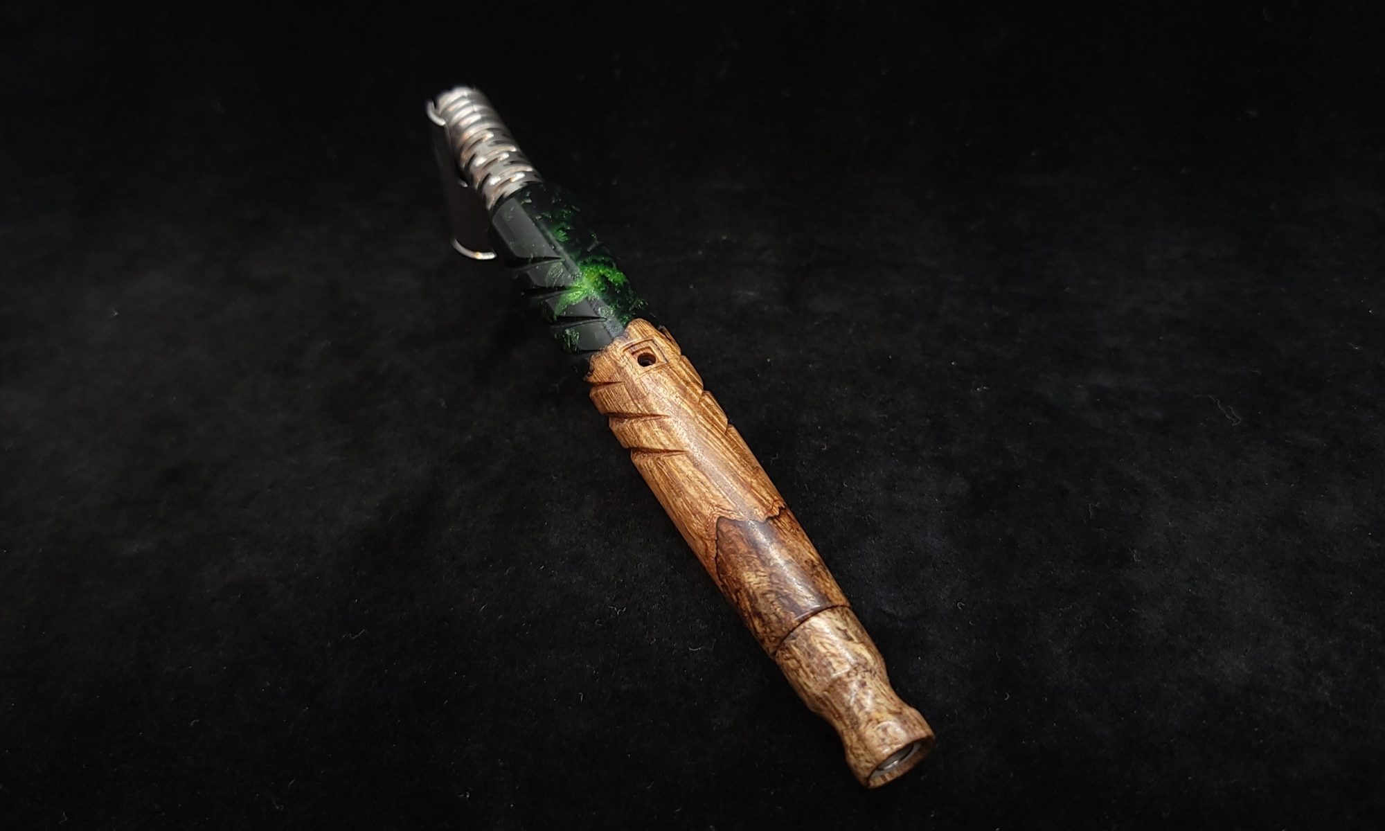 This image portrays Limited Run-Reaper XL Dynavap Stem/Burl Hybrid + Matching Mouthpiece by Dovetail Woodwork.