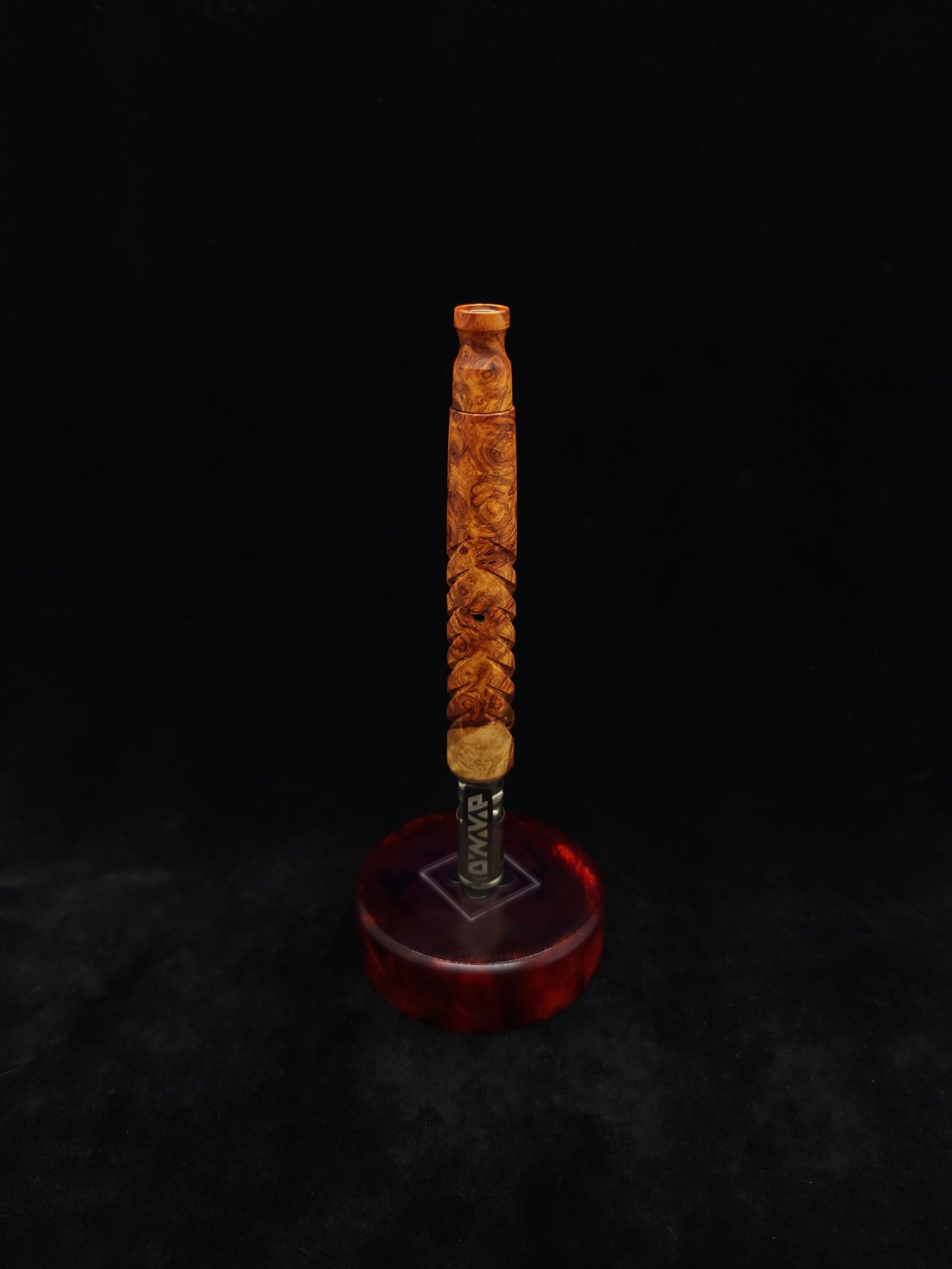 This image portrays Reaper XL Dynavap Stem/Exhibition Grade Amboyna Burl + Matching Mouthpiece by Dovetail Woodwork.