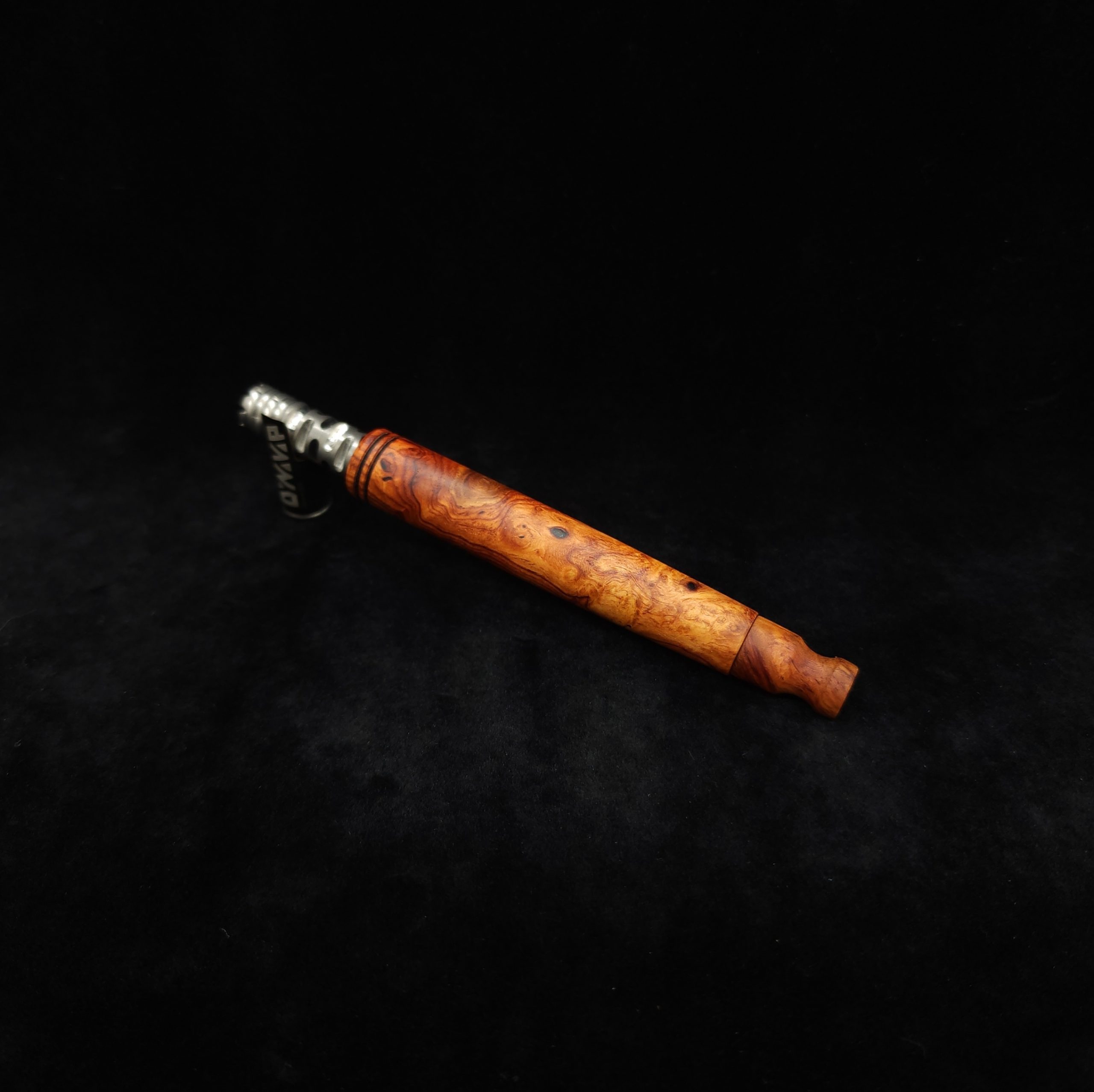 This image portrays Straight Taper XL Dynavap Stem + Amboyna Burl+Matching Mouthpiece by Dovetail Woodwork.