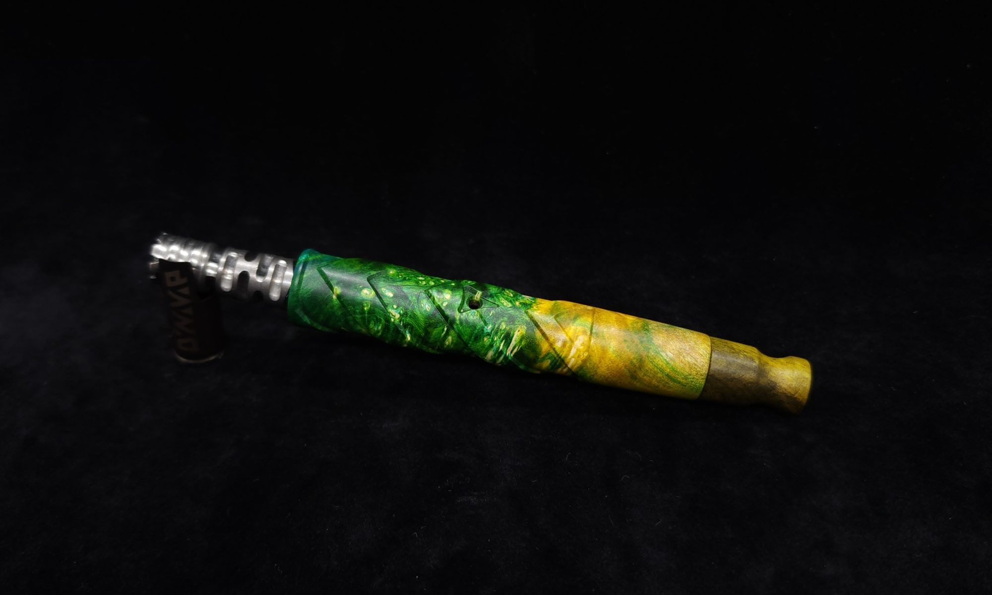 This image portrays V-7 Dynavap XL Burl Stem + Matched Mouthpiece by Dovetail Woodwork.