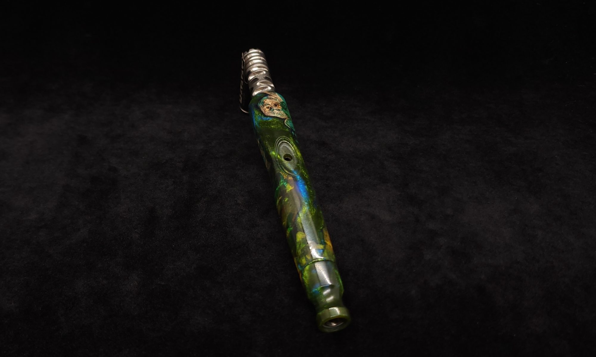 This image portrays Straight Tapered Dynavap XL Burl Hybrid Stem + Matching Mouthpiece by Dovetail Woodwork.