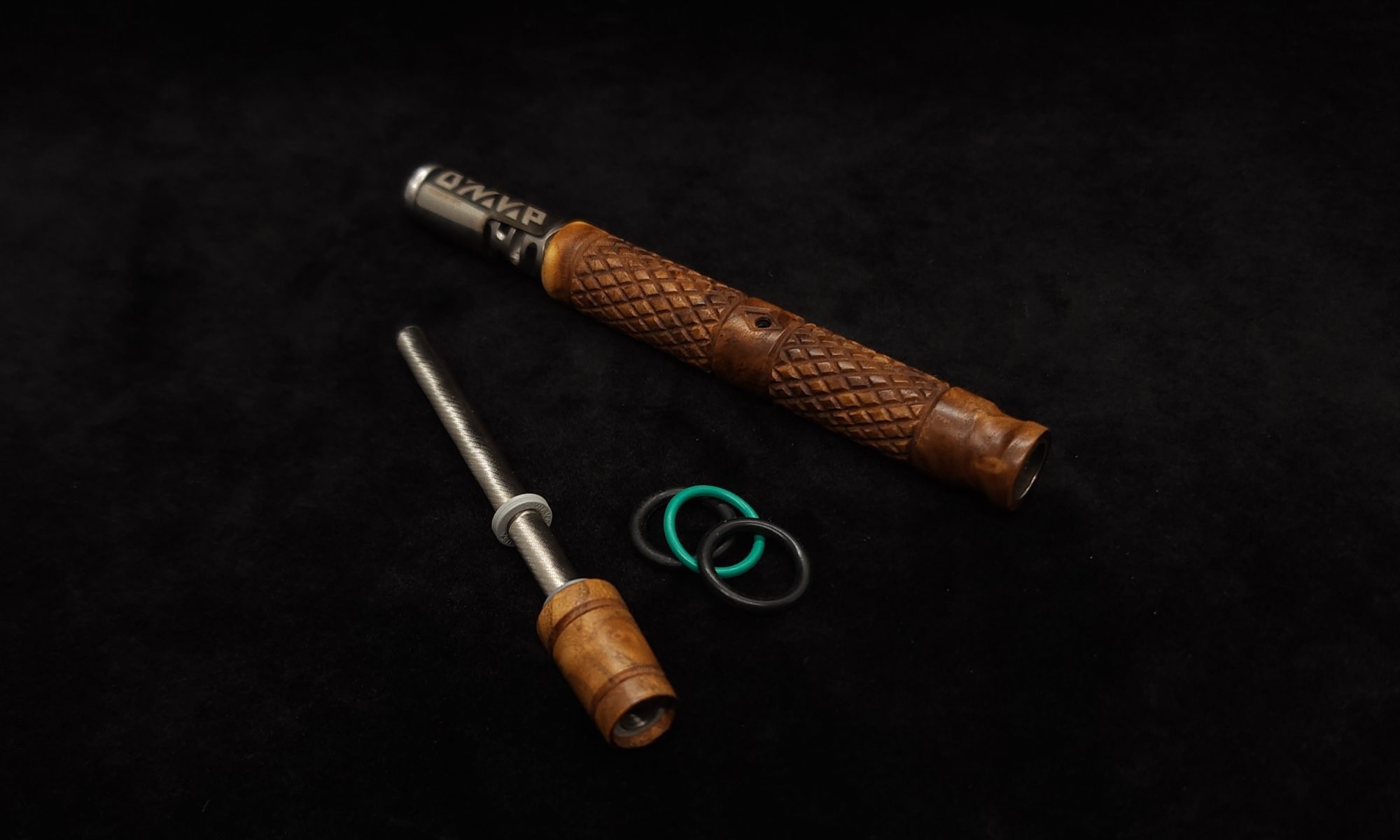 This image portrays Attenuated Dynavap XL Diamond Burl Stem + Matching Mouthpiece-NEW! by Dovetail Woodwork.