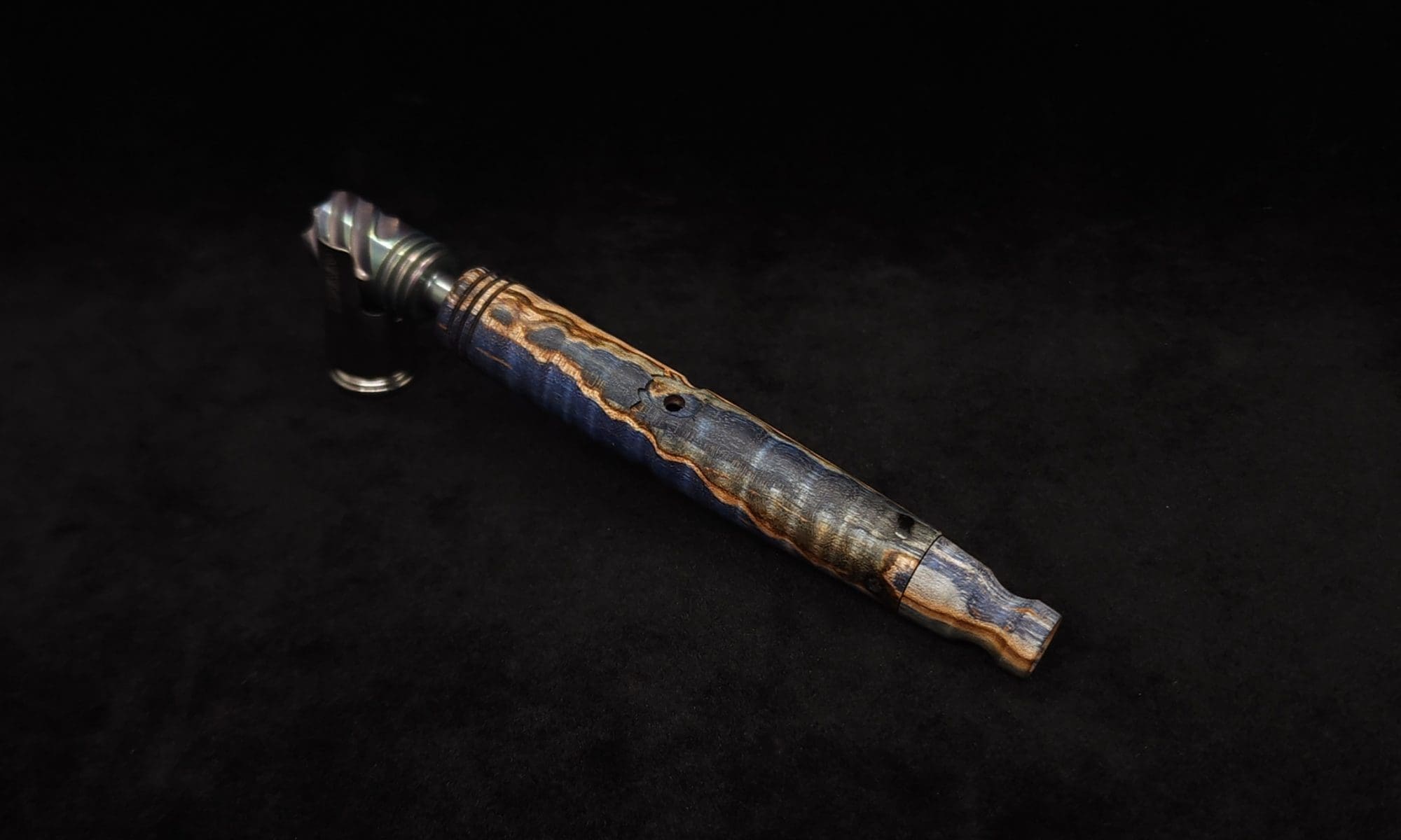 This image portrays Straight Taper Cosmic Burl XL Dynavap Stem + (2) Matching M.P.'s by Dovetail Woodwork.