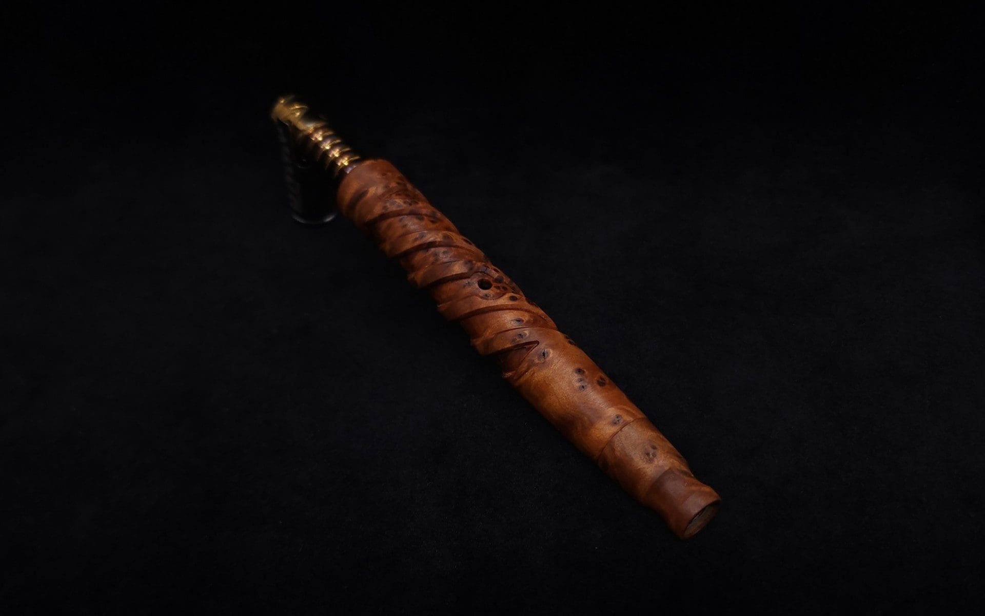 This image portrays Helical Dynavap XL Exhibition Grade Thuya Burl Stem + (2) Mouthpieces-NEW! by Dovetail Woodwork.