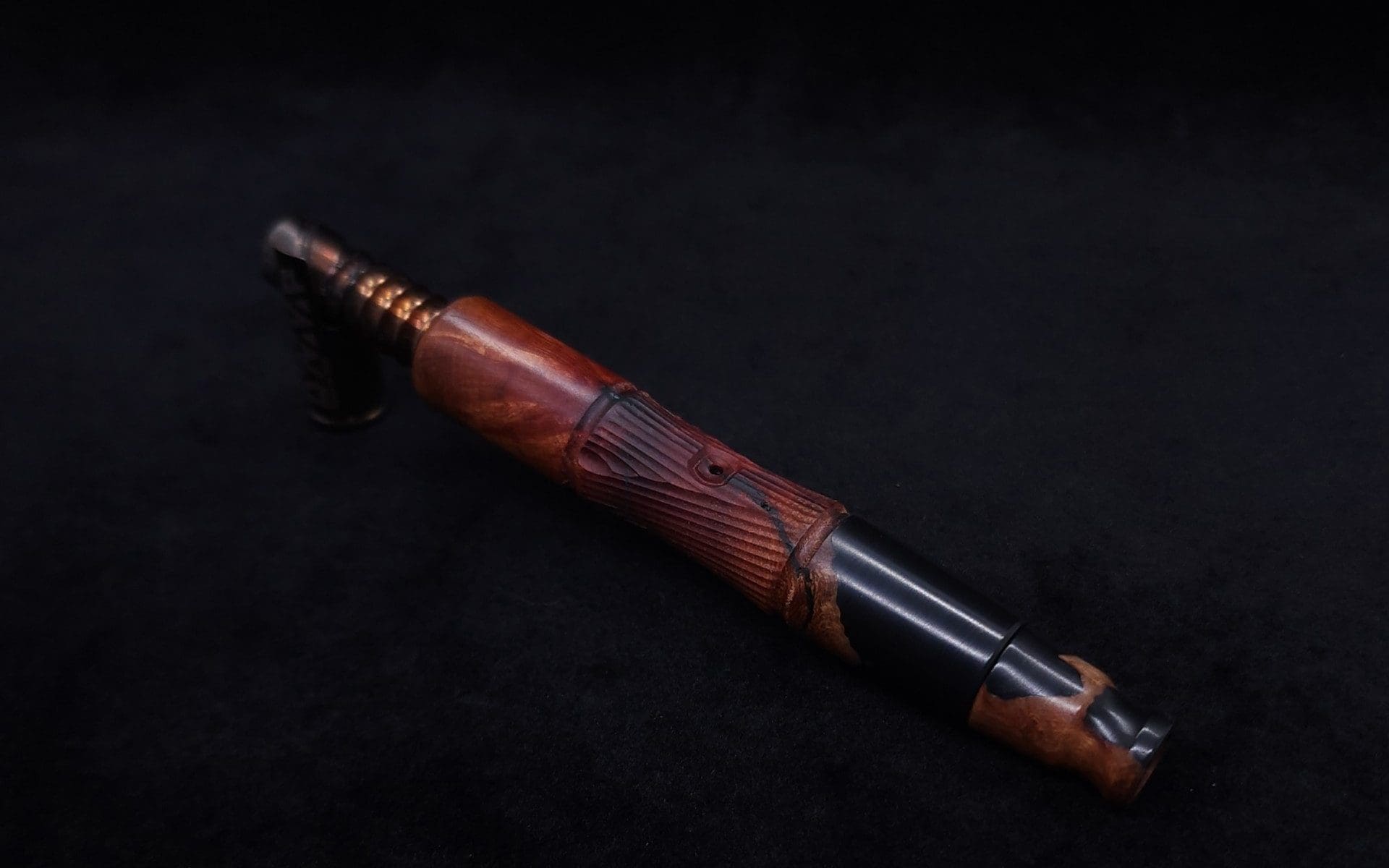This image portrays Tri-Axial XL Burl Hybrid Dynavap Stem + Book-Matched M.P. - NEW DESIGN! by Dovetail Woodwork.
