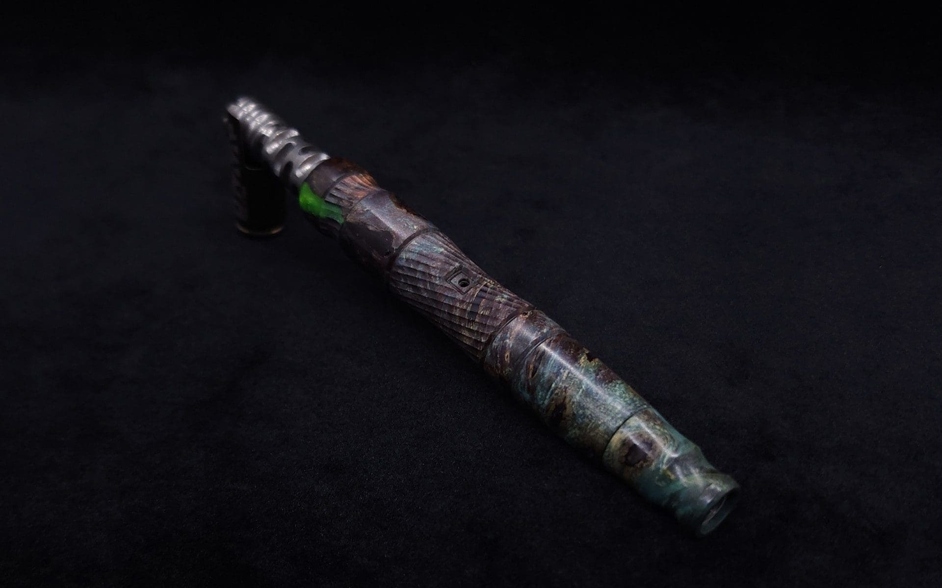 This image portrays Spiraled Hourglass XL Burl Hybrid Dynavap Stem + Book-Matched M.P. - NEW! by Dovetail Woodwork.