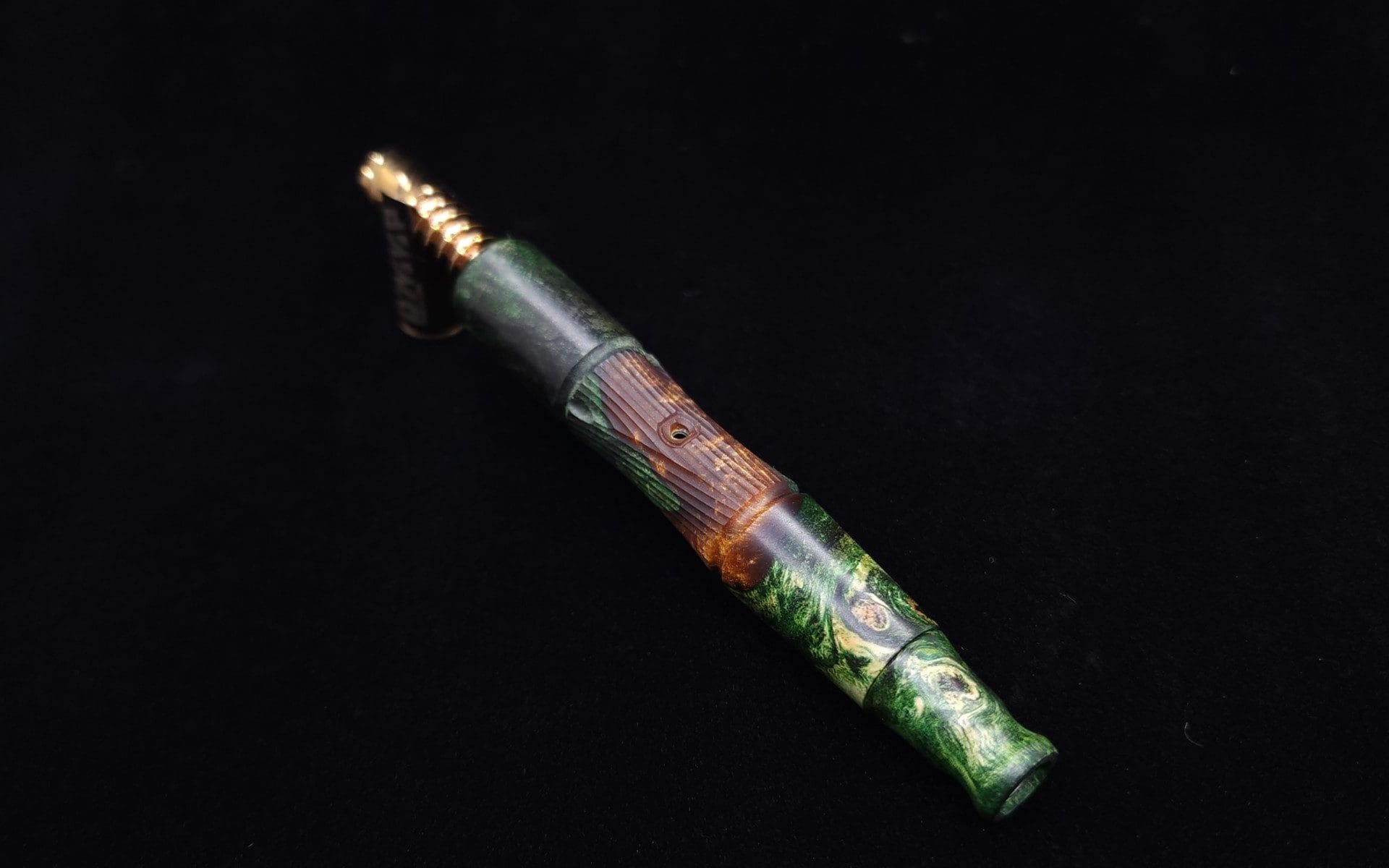 This image portrays Tri-Axial XL Burl Hybrid Dynavap Stem + Book-Matched M.P. - NEW DESIGN! by Dovetail Woodwork.