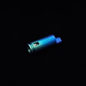 This image portrays The Dynavap Thermal Hyper Cap/Custom Anodized Green-Blue Fade by Dovetail Woodwork.