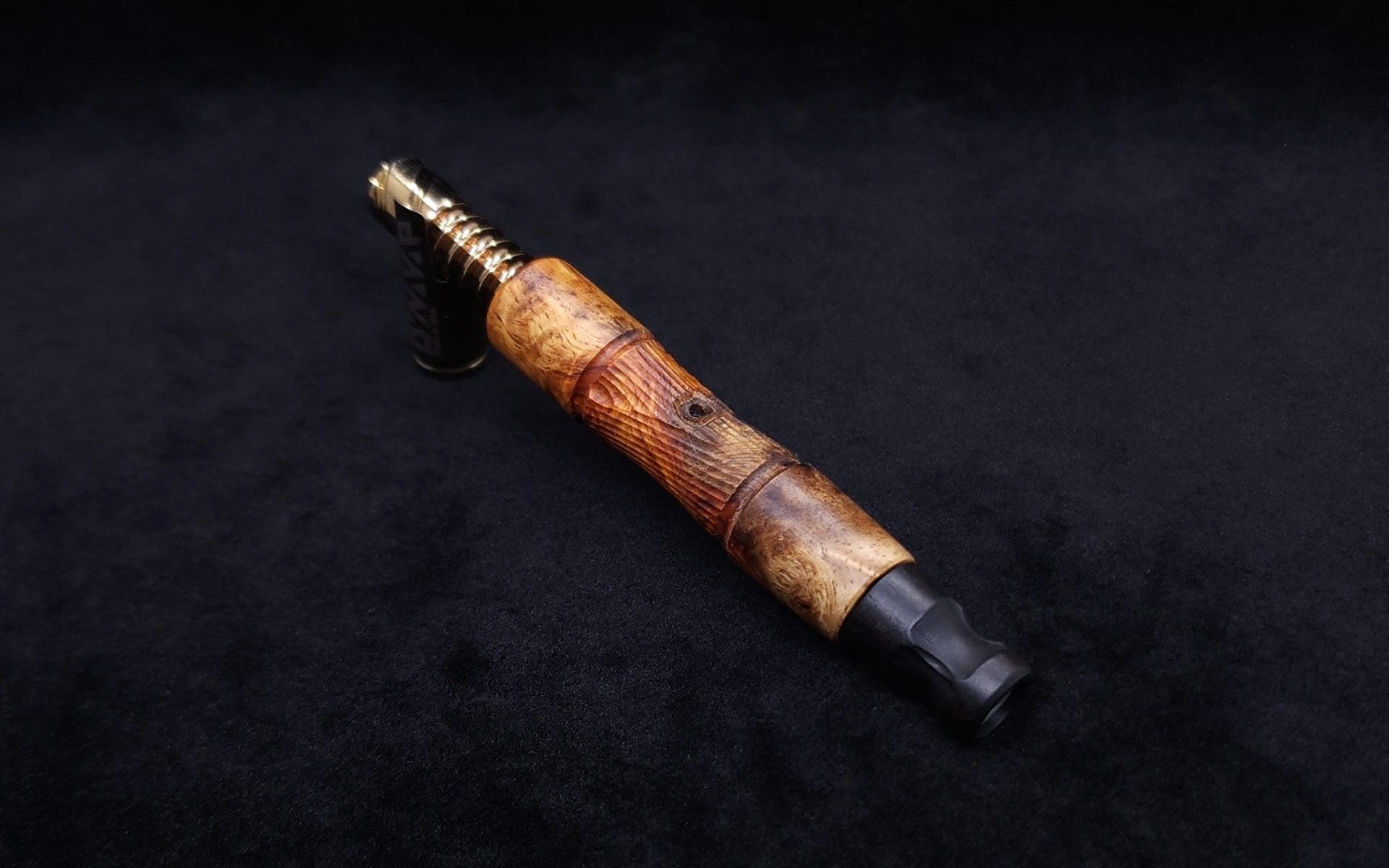 This image portrays Tri-Axial (Standard) Amboyna Burl Dynavap Stem + Matched M.P. - NEW! by Dovetail Woodwork.