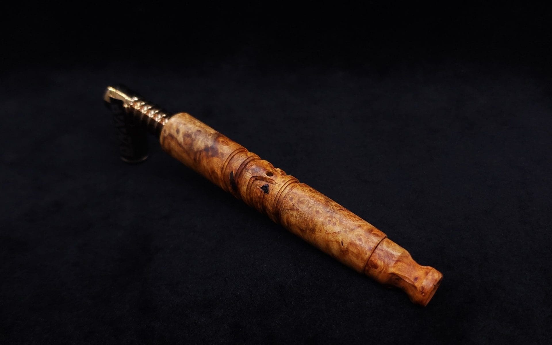This image portrays Viper XL Stem Dynavap Midsection + Book-Matched M.P. - Exhibition Grade Amboyna Burl ☘ by Dovetail Woodwork.