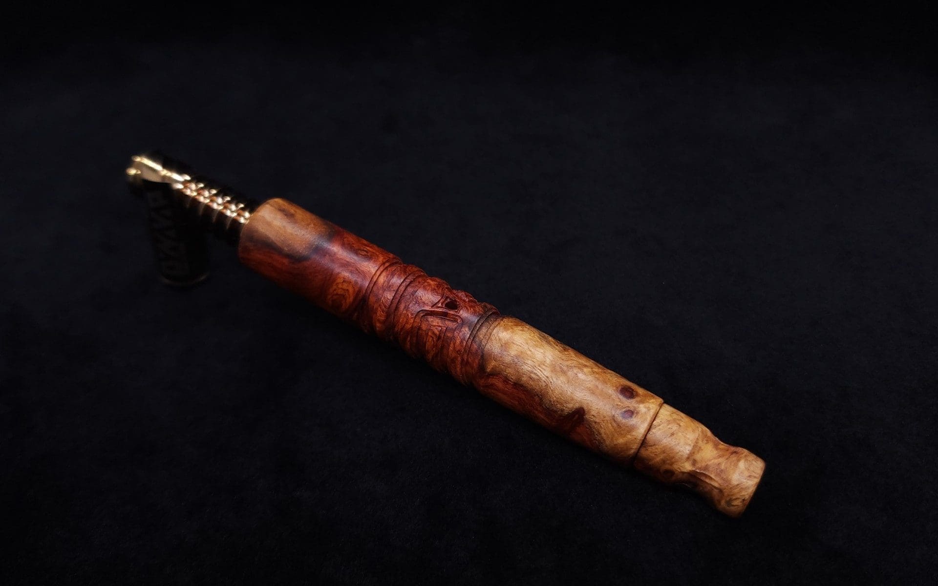 This image portrays Viper XL Stem Dynavap Midsection + Book-Matched M.P. - Exhibition Grade Amboyna Burl ☘ by Dovetail Woodwork.