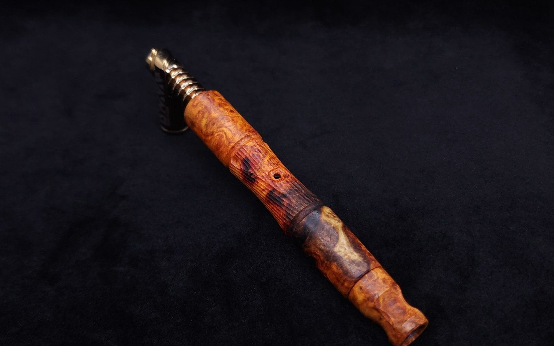 This image portrays Tri-Axial XL Dynavap Stem Exhibition Grade Amboyna Burl + Book-Matched M.P. - NEW! by Dovetail Woodwork.