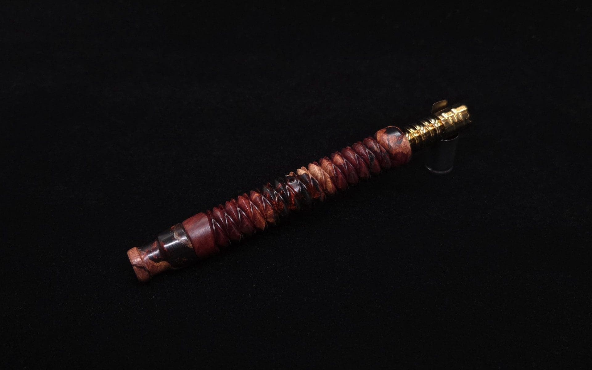 This image portrays 3D Spiral Weave XL Burl Hybrid Dynavap Stem + Book-Matched Mouthpiece -🔥 by Dovetail Woodwork.